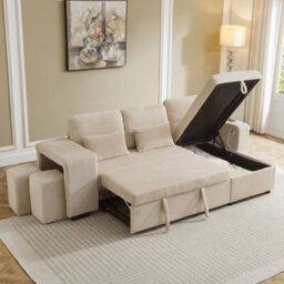 Btm Ltoshaped 3Tointo1 Convertible Sofa Bed With Storage Chaise, Charging Station, Corduroy, Beige - thumbnail 4