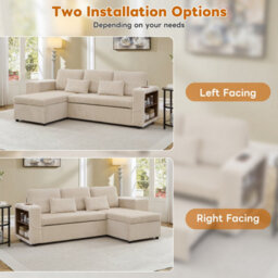 Btm Ltoshaped 3Tointo1 Convertible Sofa Bed With Storage Chaise, Charging Station, Corduroy, Beige - thumbnail 8