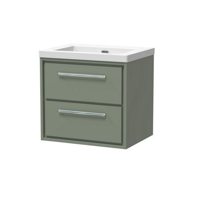 Balterley Longnor Modern Bathroom 2 Soft Close Drawer Wall Hung Vanity Unit Fireclay Basin, Fern Green, 600mm - image 1