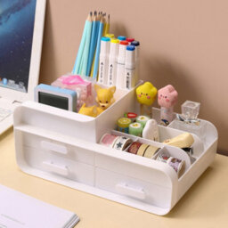 Living And Home White 3 Drawers Multifunctional Plastic Makeup Storage Desk Organizer For Stationery Marker Pens - thumbnail 3