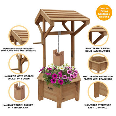 Vivo Wooden Wishing Well Planter For Garden Indoor Outdoor Solid Natural Wood - image 1