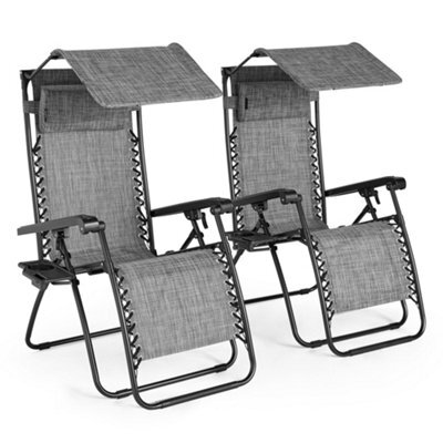Vonhaus Zero Gravity Chairs Set Of 2, Grey Reclining Sun Loungers For Garden, Textilene Folding Garden Chairs, Adjustable Canopy - image 1