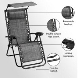 Vonhaus Zero Gravity Chairs Set Of 2, Grey Reclining Sun Loungers For Garden, Textilene Folding Garden Chairs, Adjustable Canopy - thumbnail 6