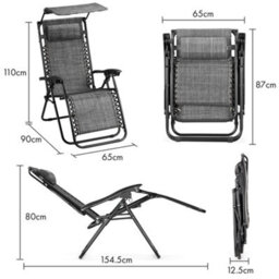 Vonhaus Zero Gravity Chairs Set Of 2, Grey Reclining Sun Loungers For Garden, Textilene Folding Garden Chairs, Adjustable Canopy - thumbnail 8
