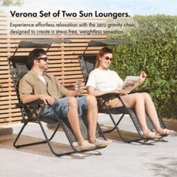 Vonhaus Zero Gravity Chairs Set Of 2, Grey Reclining Sun Loungers For Garden, Textilene Folding Garden Chairs, Adjustable Canopy - thumbnail 3