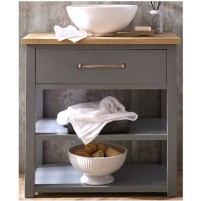 Homestylestore Light Grey And Oak 840mm Bathroom Cloakroom Vanity Unit With Round Countertop Basin And Aged Bronze T Bar Handle - image 1