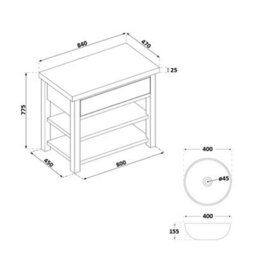 Homestylestore Light Grey And Oak 840mm Bathroom Cloakroom Vanity Unit With Round Countertop Basin And Aged Bronze T Bar Handle - thumbnail 2