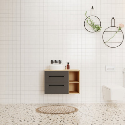 Probaty Bathrooms 790X460mm Vanity Unit Anthracite And Wood Color Mdf,wall Mounted,2 Drawers 4 Storage With White Ceramic Basin - image 1