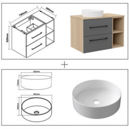 Probaty Bathrooms 790X460mm Vanity Unit Anthracite And Wood Color Mdf,wall Mounted,2 Drawers 4 Storage With White Ceramic Basin - thumbnail 8