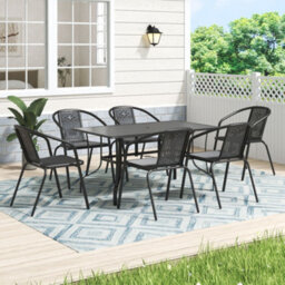 Thehotsale 150Cm L Garden Metal Slatted Coffee Table With Six Rattan Chairs Rectangle Table In Black - thumbnail 2