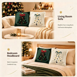 CLEFFNS 2Pcs Christmas Tree Throw Pillowcase 18X18In, 3D Quilted Embroidery Decorative Square Cushion Cover With Bow For Holiday Decor - thumbnail 2