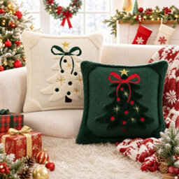 CLEFFNS 2Pcs Christmas Tree Throw Pillowcase 18X18In, 3D Quilted Embroidery Decorative Square Cushion Cover With Bow For Holiday Decor - thumbnail 1