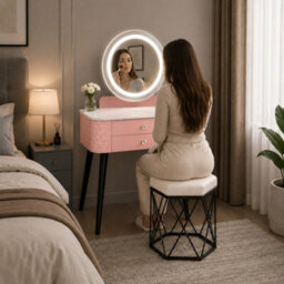 M N Furniture Ltd Luxury Dressing Table With Led Touch Mirror, 2 Drawer Vanity Table & Upholstered Stool - Pink (60 X 40 X 127 Cm) - thumbnail 3