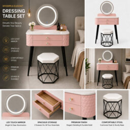 M N Furniture Ltd Luxury Dressing Table With Led Touch Mirror, 2 Drawer Vanity Table & Upholstered Stool - Pink (60 X 40 X 127 Cm) - thumbnail 4