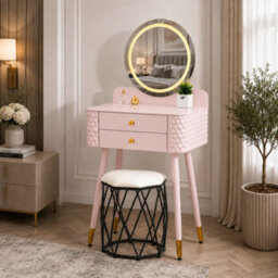 M N Furniture Ltd Luxury Dressing Table With Led Touch Mirror, 2 Drawer Vanity Table & Upholstered Stool - Pink (60 X 40 X 127 Cm)