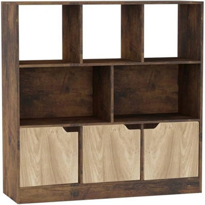 Urbn-Living Urbnliving Asymmetrical 8 Cube Rustic Brown Bookcase Freestanding Storage Unit With 3 Plain Doors - Oak - image 1