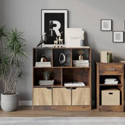 Urbn-Living Urbnliving Asymmetrical 8 Cube Rustic Brown Bookcase Freestanding Storage Unit With 3 Plain Doors - Oak - thumbnail 4