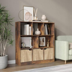 Urbn-Living Urbnliving Asymmetrical 8 Cube Rustic Brown Bookcase Freestanding Storage Unit With 3 Plain Doors - Oak - thumbnail 2