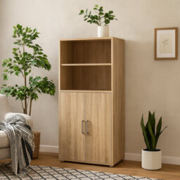 Wyld Haus Dris Natural Oak Effect Bookcase 3 Shelves 2 Doors
