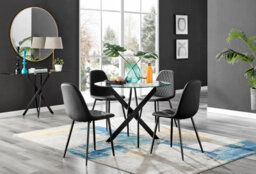 Furniturebox Novara Clear Tempered Glass 100Cm Round Dining Table With Black Starburst Legs & 4 Black Corona Faux Leather Chairs