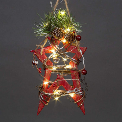 Shatchi 20Cm Red Wooden Led Star Hanging Ornament Christmas Holiday Home Décor With 15 Warm White Leds - image 1