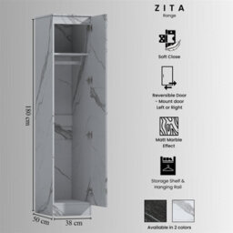 Zita Compact 1-Door Wardrobe In White Marble Effect - Bedroom Storage, (L) 50Cm X (W) 37.5Cm X (H) 180Cm, Stylish And Space-Saving - thumbnail 9