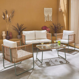 Sweeek - 4-Seater Garden Sofa Set With Plastic Ropes In Galvanised Steel Cesena Khaki Green 115X60X68 Cm