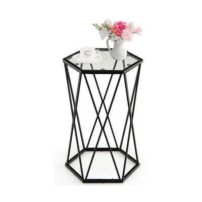 Costway Hexagonal Glass Coffee Table Metal Frame Sofa Side Table Modern End Table - image 1