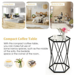 Costway Hexagonal Glass Coffee Table Metal Frame Sofa Side Table Modern End Table - thumbnail 3