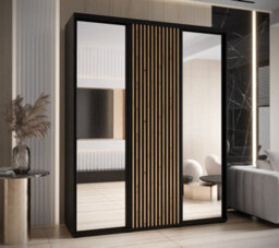 Arte Sapporo Ii - Chic Black Mirrored Sliding Door Wardrobe With Lamella Effect - Ample Storage (H)2050mm (W)1900mm (D)600mm
