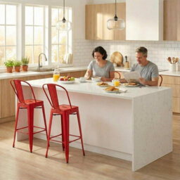 "Fwstyle Bistro Metal Bar Chairs Stools Set Of 4 30"" Red Gloss Galvanised Steel Indoor & Outdoor"