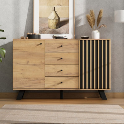 Btm 120 X 38 X 75 Cm Dark Oak Sideboard Storage Cabinet 4 Drawers Slatted Door Cupboard Living Room Hallway Kitchen - image 1