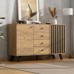 Btm 120 X 38 X 75 Cm Dark Oak Sideboard Storage Cabinet 4 Drawers Slatted Door Cupboard Living Room Hallway Kitchen - thumbnail 7