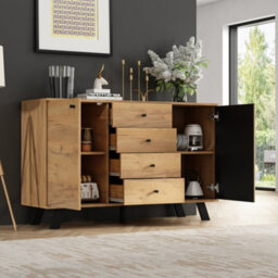 Btm 120 X 38 X 75 Cm Dark Oak Sideboard Storage Cabinet 4 Drawers Slatted Door Cupboard Living Room Hallway Kitchen - thumbnail 6