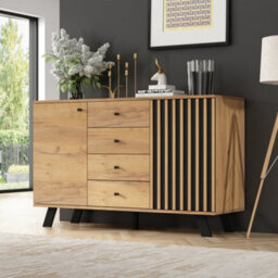 Btm 120 X 38 X 75 Cm Dark Oak Sideboard Storage Cabinet 4 Drawers Slatted Door Cupboard Living Room Hallway Kitchen - thumbnail 3