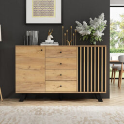 Btm 120 X 38 X 75 Cm Dark Oak Sideboard Storage Cabinet 4 Drawers Slatted Door Cupboard Living Room Hallway Kitchen - thumbnail 2