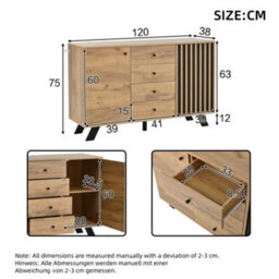 Btm 120 X 38 X 75 Cm Dark Oak Sideboard Storage Cabinet 4 Drawers Slatted Door Cupboard Living Room Hallway Kitchen - thumbnail 5