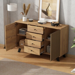 Btm 120 X 38 X 75 Cm Dark Oak Sideboard Storage Cabinet 4 Drawers Slatted Door Cupboard Living Room Hallway Kitchen - thumbnail 4