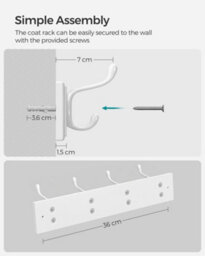 Songmics Coat Rack, Wall-Mounted Coat Hook, 4 Dual Metal Hooks, For Coats,bags,white - thumbnail 8