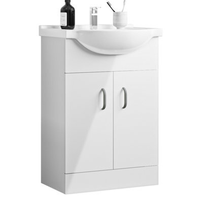 AVER-GROWTH 650mm Vanity Unit With Basin High Gloss White Ceramic Sink Floor Standing Bathroom Storage Cabinet 2 Doors Soft Close Hinges - image 1