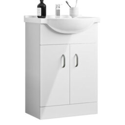 AVER-GROWTH 650mm Vanity Unit With Basin High Gloss White Ceramic Sink Floor Standing Bathroom Storage Cabinet 2 Doors Soft Close Hinges
