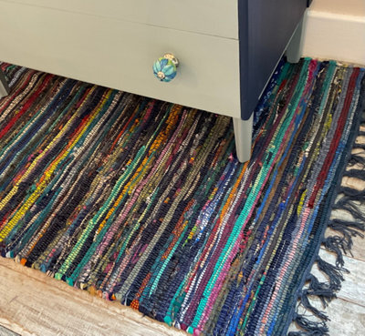 Second Nature Online Festival Recycled Cotton Blend Rag Rug In Varied Colourways Indoor And Outdoor Use / 90 Cm X 150 Cm / Blue - image 1