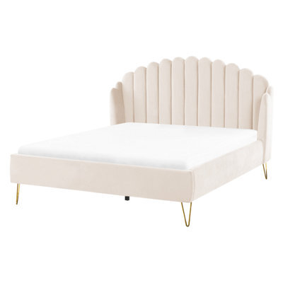 Beliani Bed Velvet Ambillou 160 X 200 Cm (Eu King Size) Light Beige - image 1