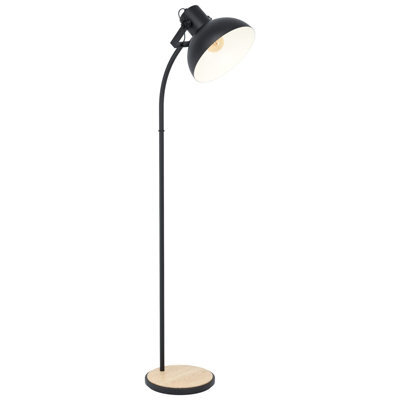 Stylish Standing Floor Lamp With Curved Black Base And Wooden Shade - image 1