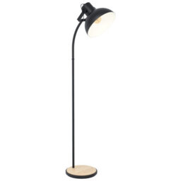 Stylish Standing Floor Lamp With Curved Black Base And Wooden Shade - thumbnail 1