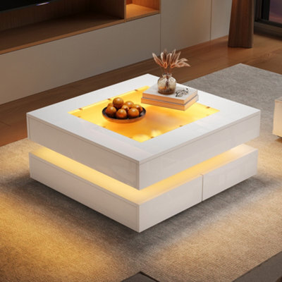White High Gloss Coffee Table With 3 Drawers, Glass Top & Led Lights - image 1