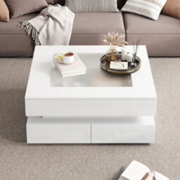 White High Gloss Coffee Table With 3 Drawers, Glass Top & Led Lights - thumbnail 5
