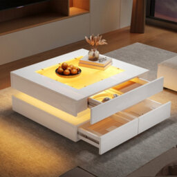 White High Gloss Coffee Table With 3 Drawers, Glass Top & Led Lights - thumbnail 2