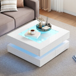 White High Gloss Coffee Table With 3 Drawers, Glass Top & Led Lights - thumbnail 3