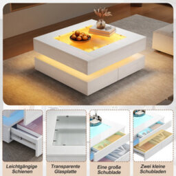 White High Gloss Coffee Table With 3 Drawers, Glass Top & Led Lights - thumbnail 9